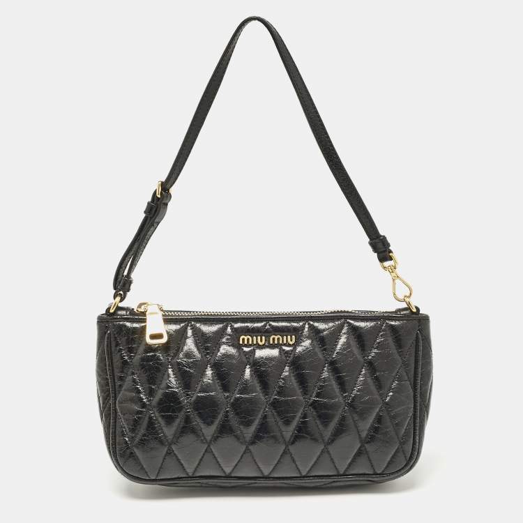 Pre Owned Miu Miu Black Quilted Vitello Shine Leather Pochette Bag