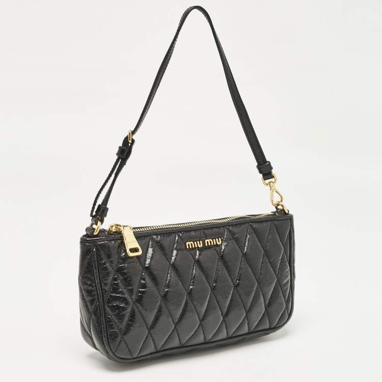 Pre Owned Miu Miu Black Quilted Vitello Shine Leather Pochette Bag