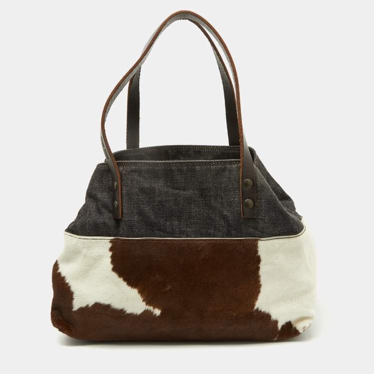 Pre Owned Miu Miu Brown Animal Print Calf Hair, Denim and Leather Tote
