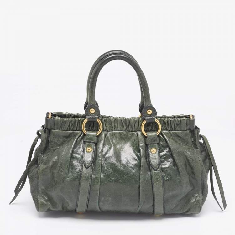 Pre Owned Miu Miu Green Vitello Lux Gathered Leather Satchel