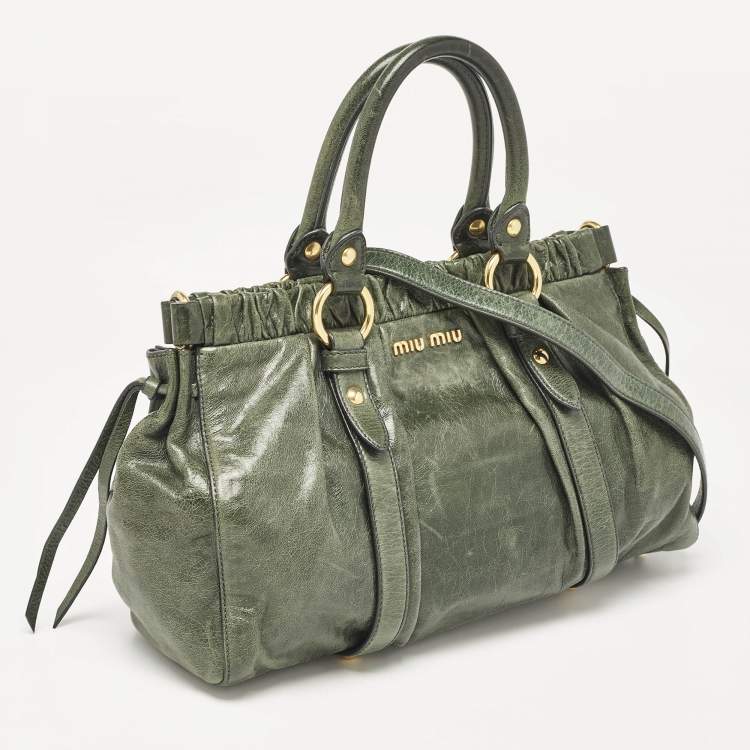 Pre Owned Miu Miu Green Vitello Lux Gathered Leather Satchel