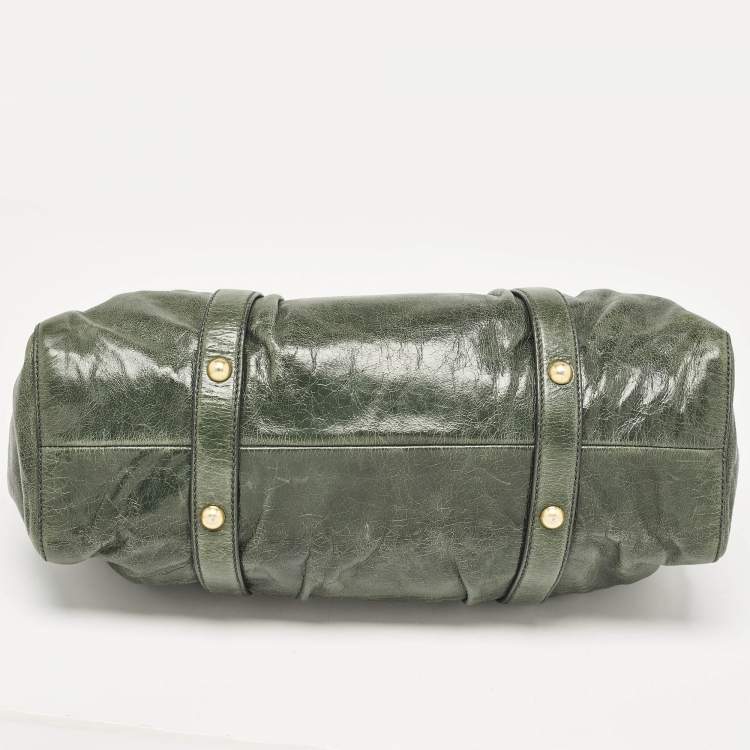 Pre Owned Miu Miu Green Vitello Lux Gathered Leather Satchel