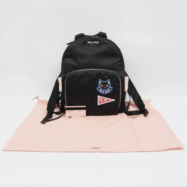 Pre Owned Miu Miu Black Nylon/Knit Cat Applique Backpack