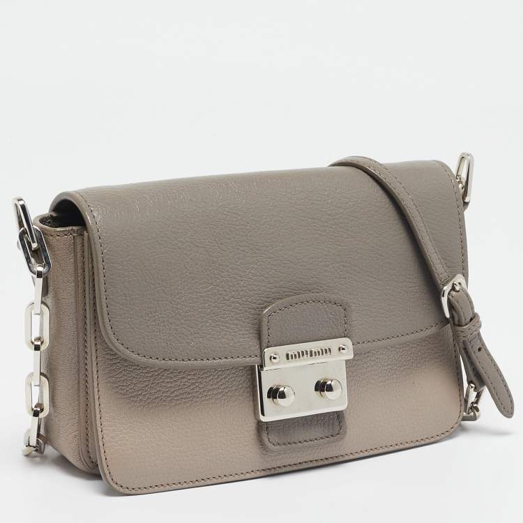 Pre Owned Miu Miu  Beige/Grey Madras Leather Pushlock Flap Chain Shoulder Bag