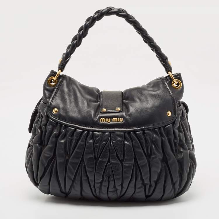 Pre Owned Miu Miu Black Matelassé Leather Coffer Hobo