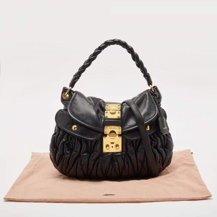Pre Owned Miu Miu Black Matelassé Leather Coffer Hobo