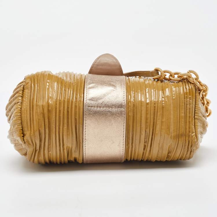 Pre Owned Miu Miu Beige/Metallic Pleated Patent Leather Shoulder Bag