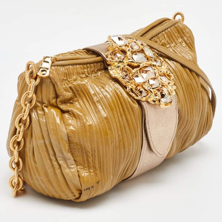 Pre Owned Miu Miu Beige/Metallic Pleated Patent Leather Shoulder Bag