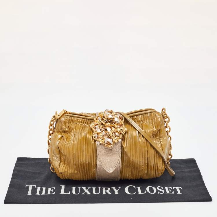 Pre Owned Miu Miu Beige/Metallic Pleated Patent Leather Shoulder Bag