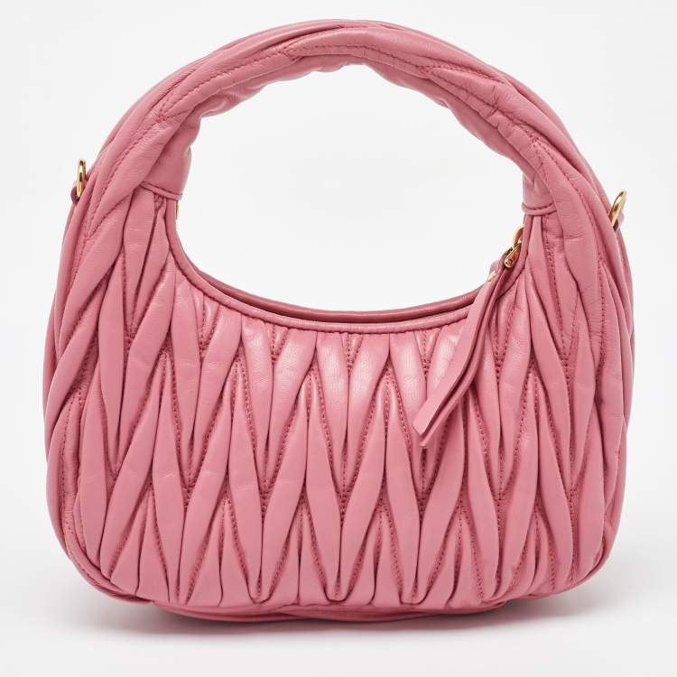 Pre Owned Miu Miu Pink Matelassé Leather Wander Mini Hobo