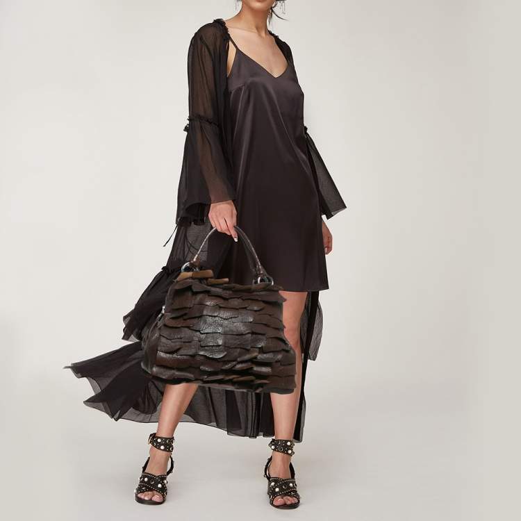Pre Owned Miu Miu Dark Brown Leather Ruffle Shoulder Bag