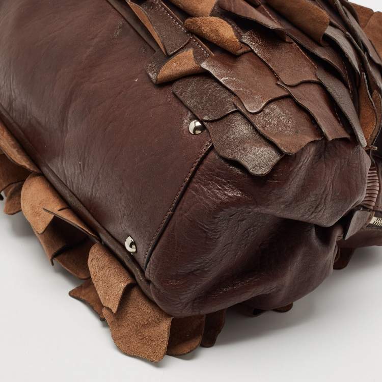Pre Owned Miu Miu Dark Brown Leather Ruffle Shoulder Bag