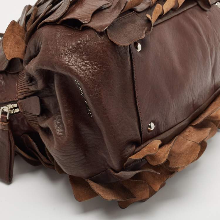 Pre Owned Miu Miu Dark Brown Leather Ruffle Shoulder Bag