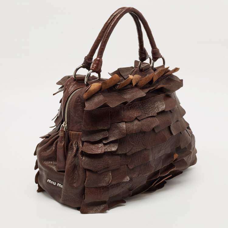 Pre Owned Miu Miu Dark Brown Leather Ruffle Shoulder Bag