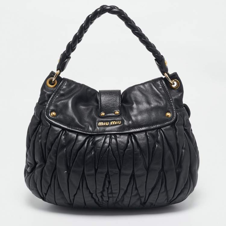 Pre Owned Miu Miu Black Matelassé Leather Coffer Hobo