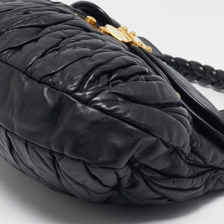 Pre Owned Miu Miu Black Matelassé Leather Coffer Hobo