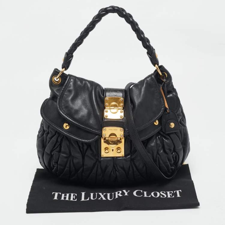 Pre Owned Miu Miu Black Matelassé Leather Coffer Hobo
