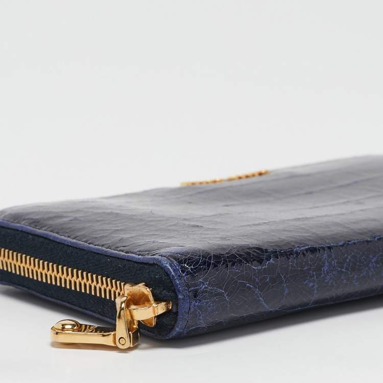 Pre Owned Miu Miu Navy Blue Croc Embossed Shine Leather Zip Continental Wallet
