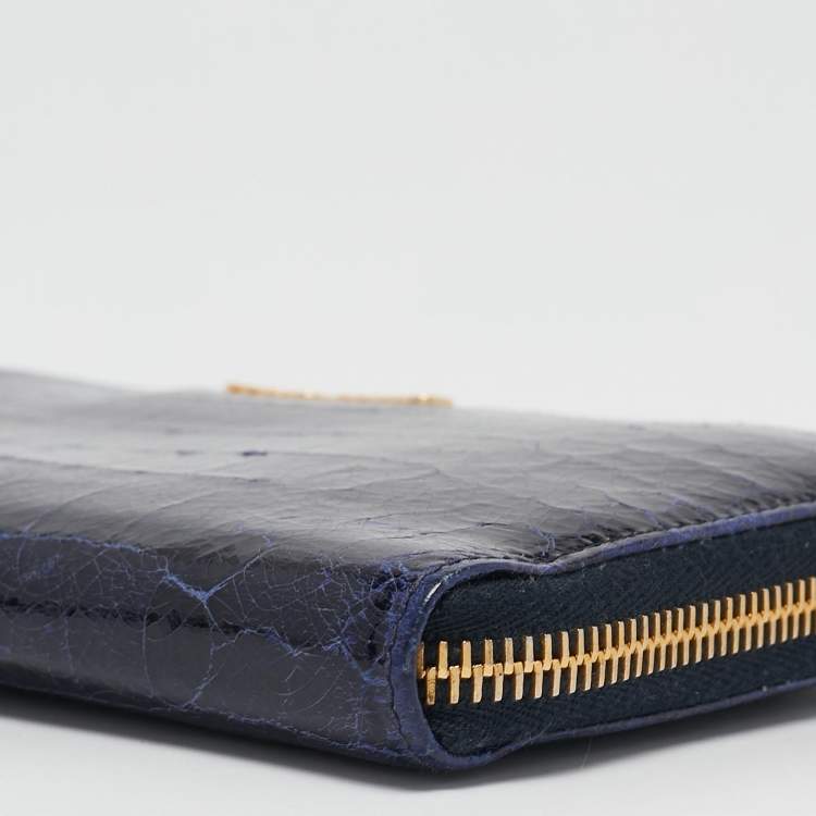 Pre Owned Miu Miu Navy Blue Croc Embossed Shine Leather Zip Continental Wallet