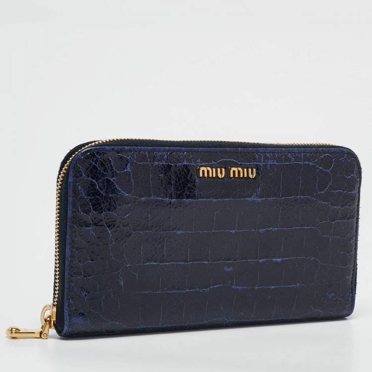 Pre Owned Miu Miu Navy Blue Croc Embossed Shine Leather Zip Continental Wallet