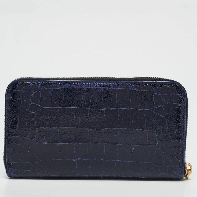 Pre Owned Miu Miu Navy Blue Croc Embossed Shine Leather Zip Continental Wallet