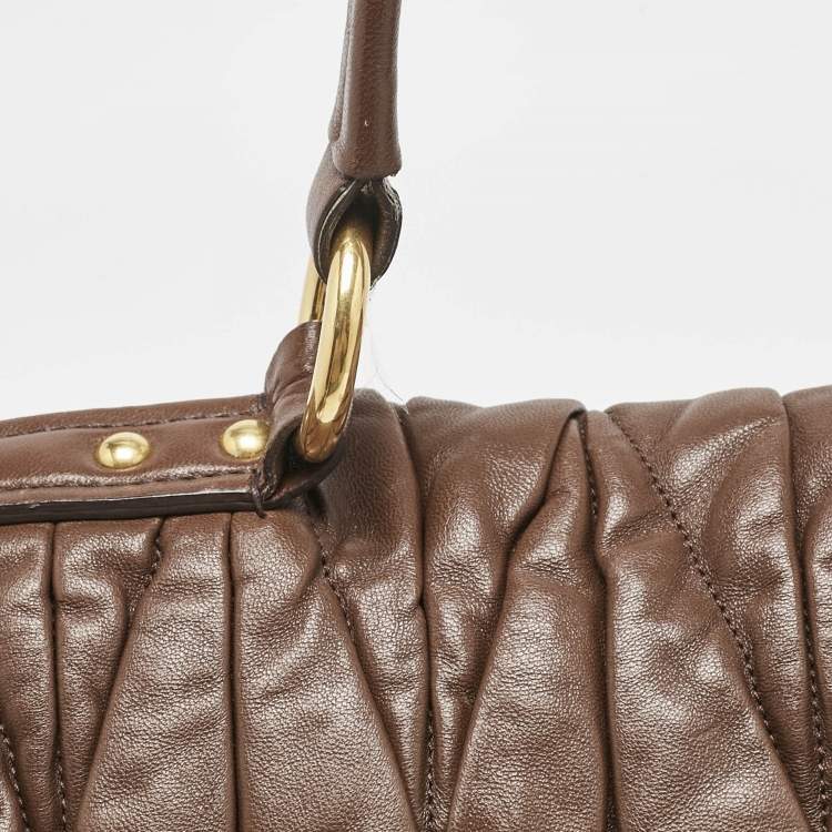 Pre Owned Miu Miu Brown Matelassé Leather Turnlock Flap Top Handle Bag