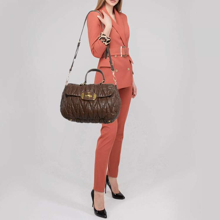 Pre Owned Miu Miu Brown Matelassé Leather Turnlock Flap Top Handle Bag