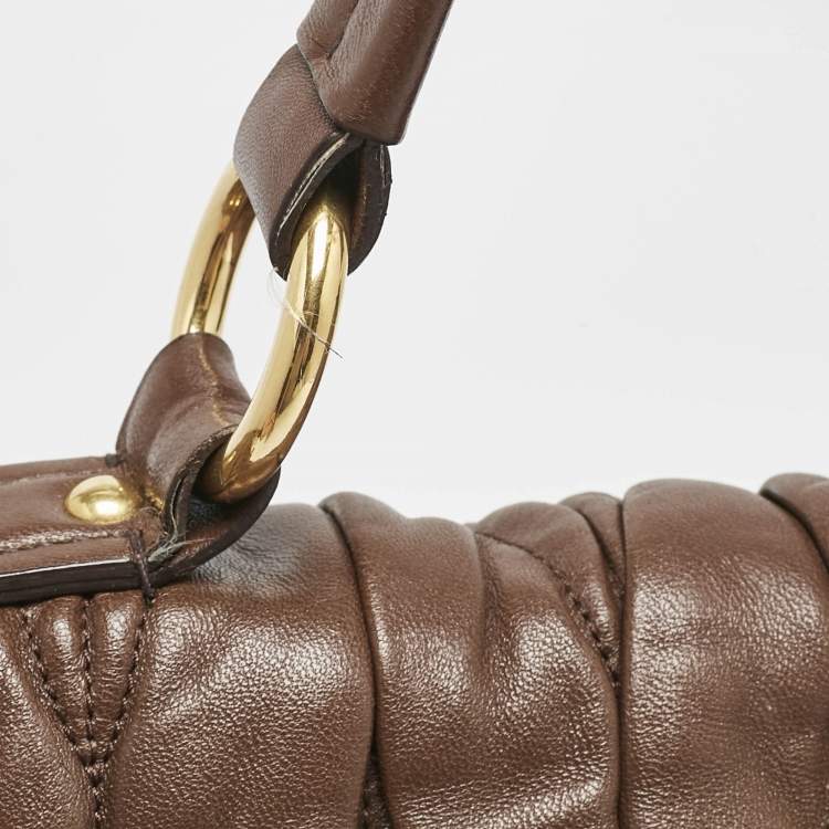 Pre Owned Miu Miu Brown Matelassé Leather Turnlock Flap Top Handle Bag