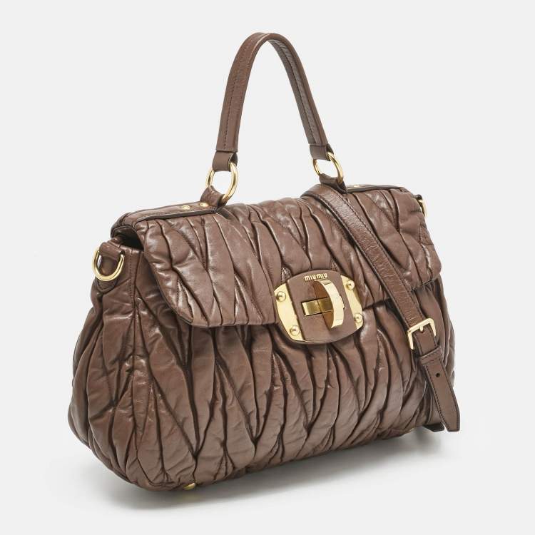 Pre Owned Miu Miu Brown Matelassé Leather Turnlock Flap Top Handle Bag