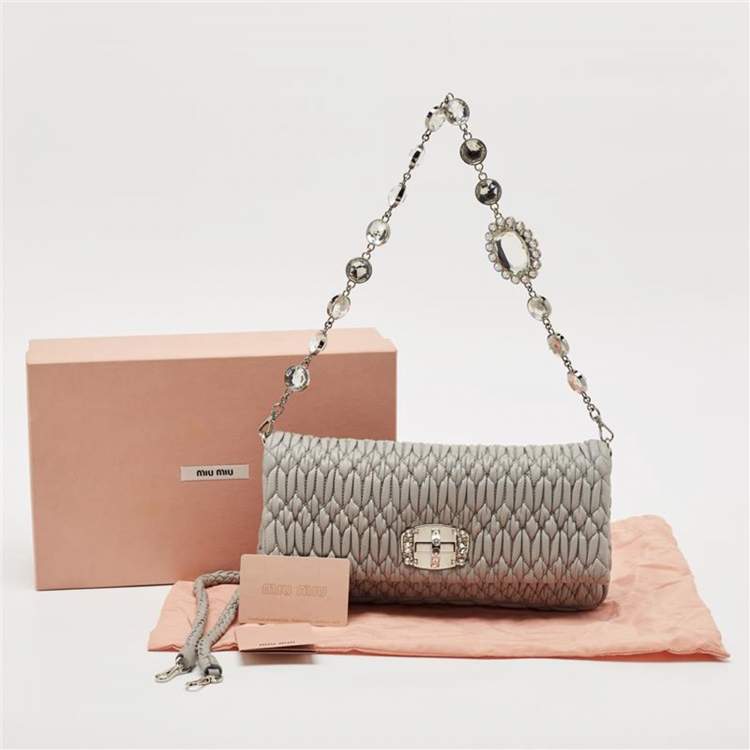 Pre Owned Miu Miu Grey Matelasse Leather Crystal Flap Shoulder Bag