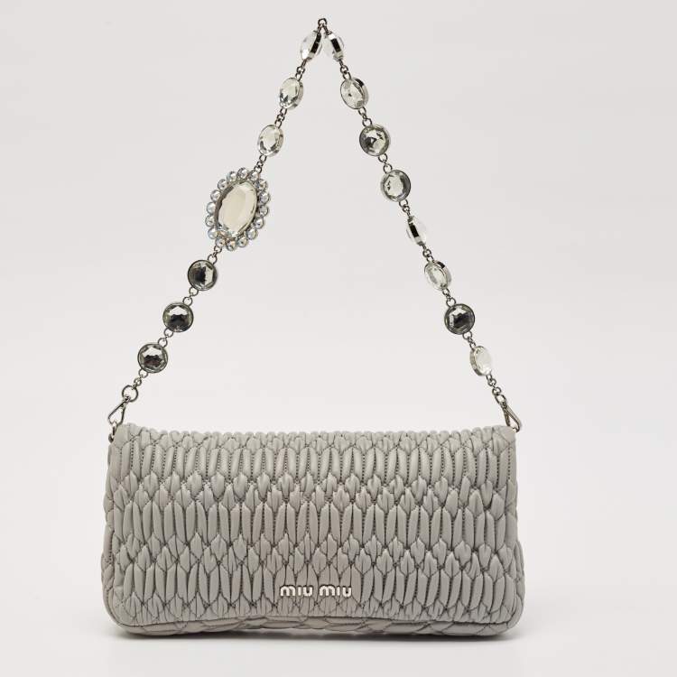 Pre Owned Miu Miu Grey Matelasse Leather Crystal Flap Shoulder Bag
