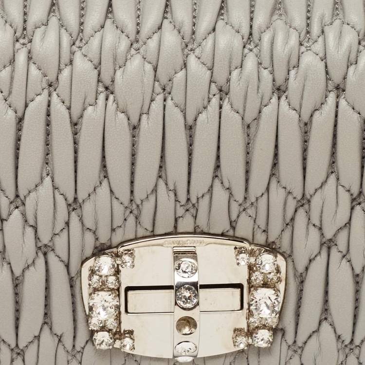Pre Owned Miu Miu Grey Matelasse Leather Crystal Flap Shoulder Bag