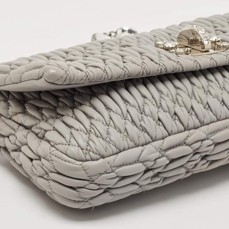 Pre Owned Miu Miu Grey Matelasse Leather Crystal Flap Shoulder Bag
