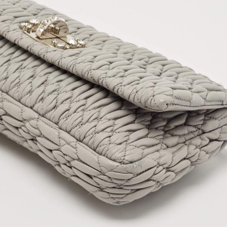 Pre Owned Miu Miu Grey Matelasse Leather Crystal Flap Shoulder Bag