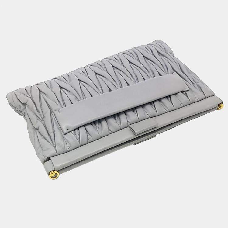Pre Owned Miu Miu Grey Leather Matelasse Clutch Bag