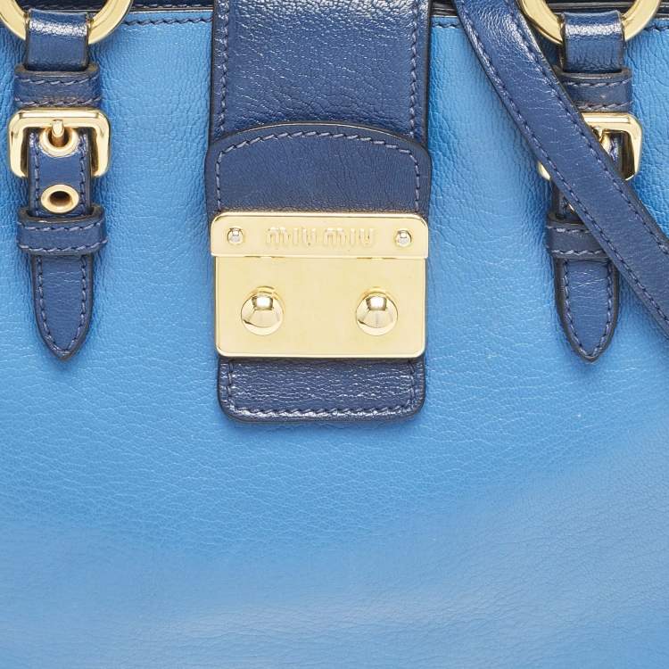 Pre Owned Miu Miu Two Tone Blue Madras Leather Pushlock Tote