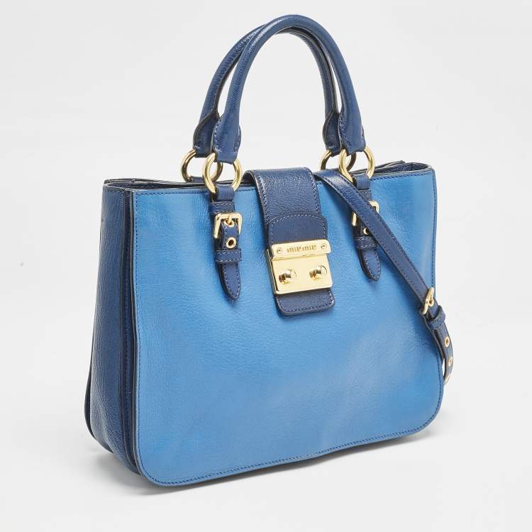 Pre Owned Miu Miu Two Tone Blue Madras Leather Pushlock Tote