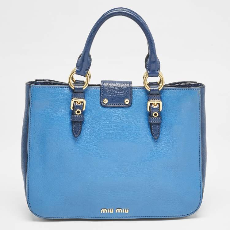 Pre Owned Miu Miu Two Tone Blue Madras Leather Pushlock Tote