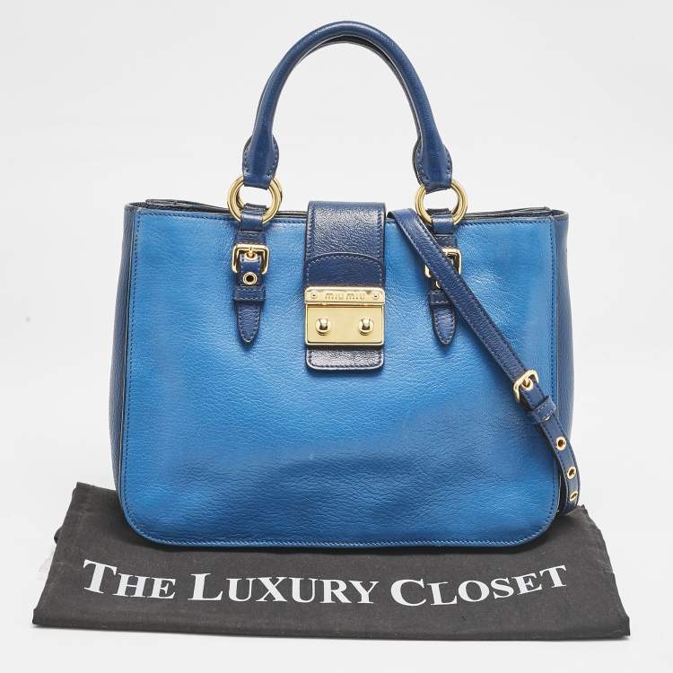 Pre Owned Miu Miu Two Tone Blue Madras Leather Pushlock Tote