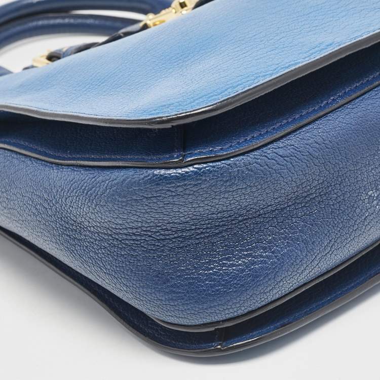 Pre Owned Miu Miu Two Tone Blue Madras Leather Pushlock Tote