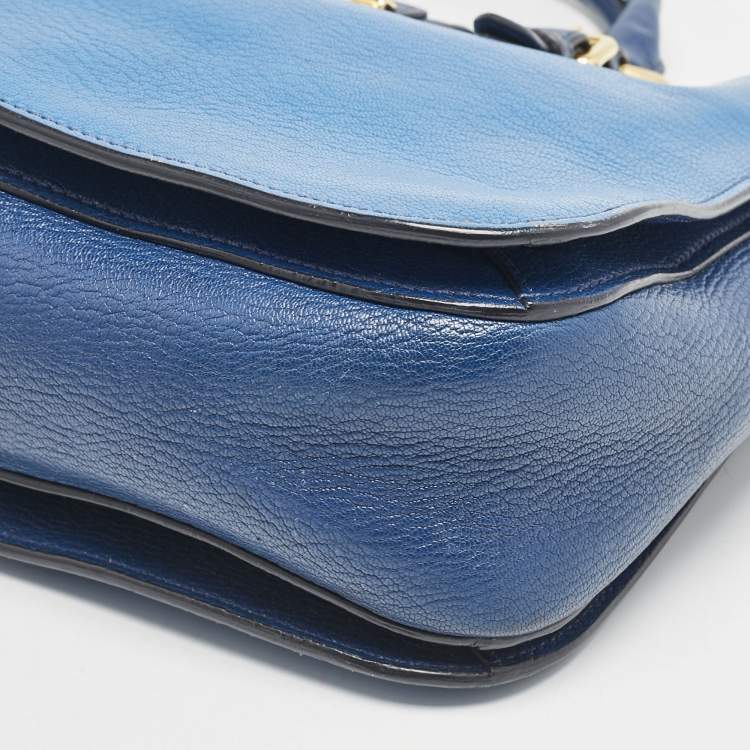 Pre Owned Miu Miu Two Tone Blue Madras Leather Pushlock Tote