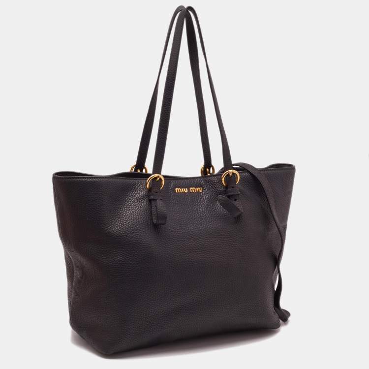 Pre Owned Miu Miu Black Vitello Daino Leather Shopper Tote