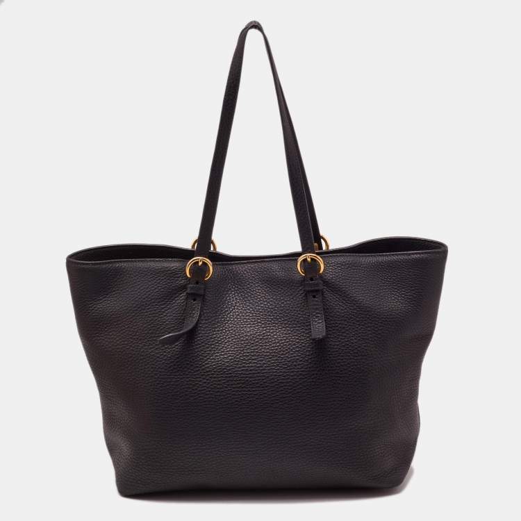 Pre Owned Miu Miu Black Vitello Daino Leather Shopper Tote