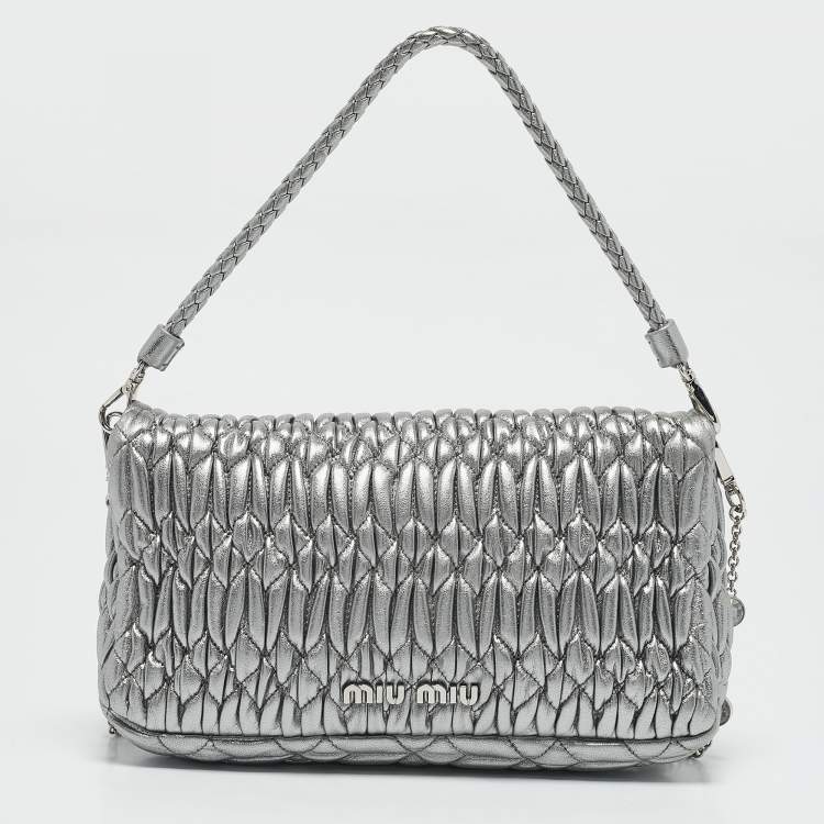 Pre Owned Miu Miu Silver Matelasse Leather Crystal Flap Shoulder Bag