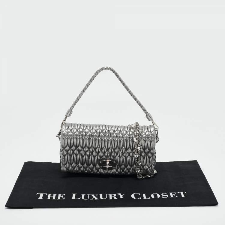 Pre Owned Miu Miu Silver Matelasse Leather Crystal Flap Shoulder Bag
