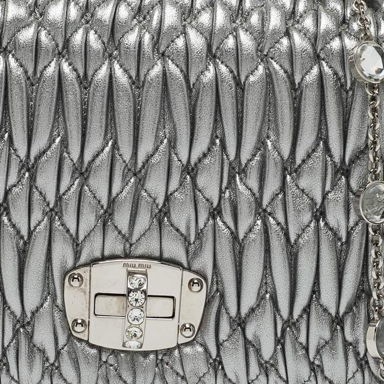 Pre Owned Miu Miu Silver Matelasse Leather Crystal Flap Shoulder Bag