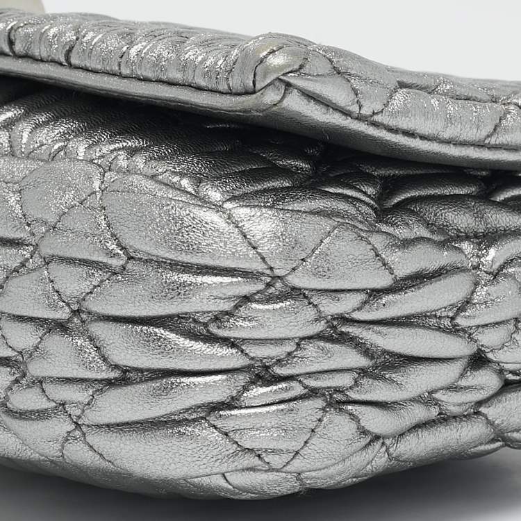 Pre Owned Miu Miu Silver Matelasse Leather Crystal Flap Shoulder Bag