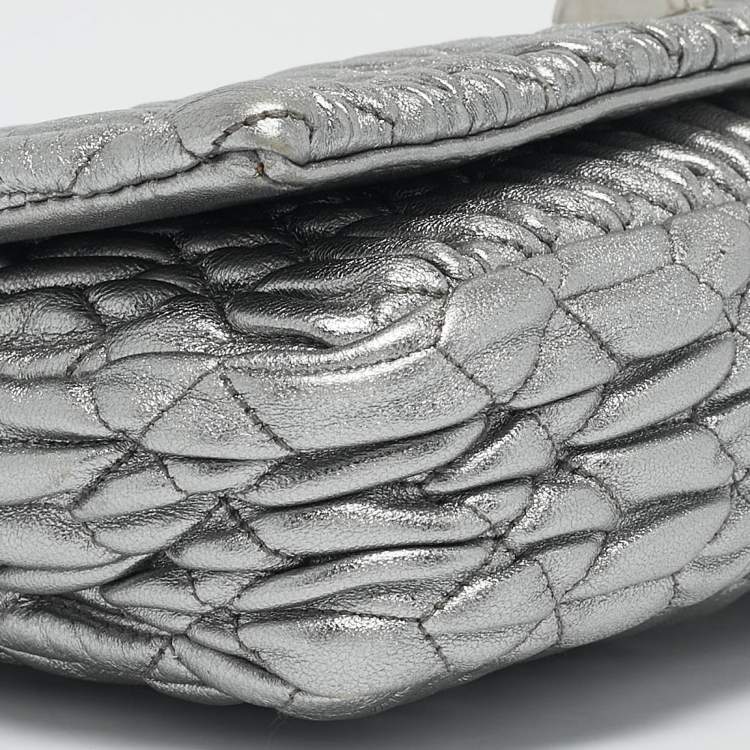 Pre Owned Miu Miu Silver Matelasse Leather Crystal Flap Shoulder Bag