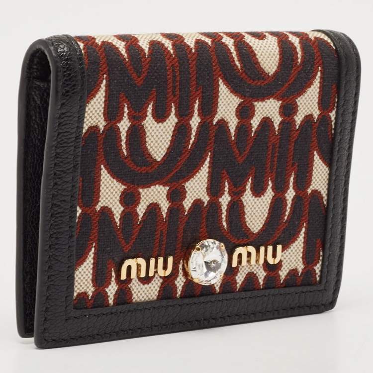 Pre Owned Miu Miu Black/Brown Monogram Canvas and Madras Leather Bifold Wallet