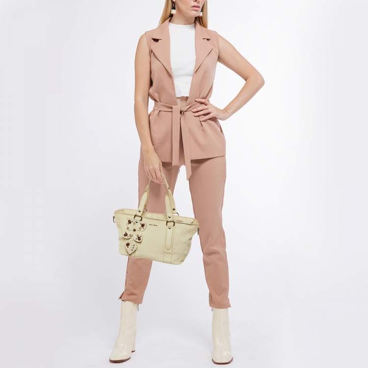 Pre Owned Miu Miu White Leather Vintage Jeweled Tote